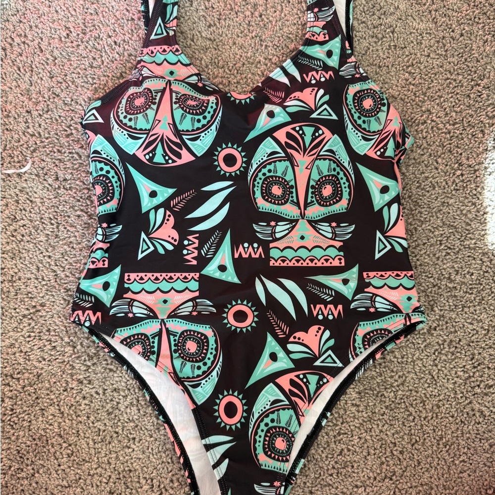 Women's Tribal Print One-Piece Swimsuit - Black and Green